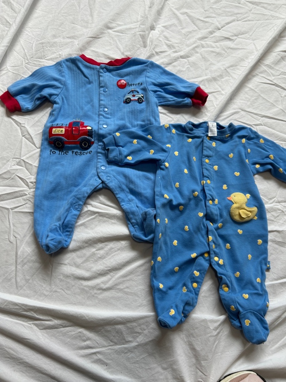 Carter’s 3 Month Blue Baby One-Piece Sleepers with Duck and Fire Truck Designs